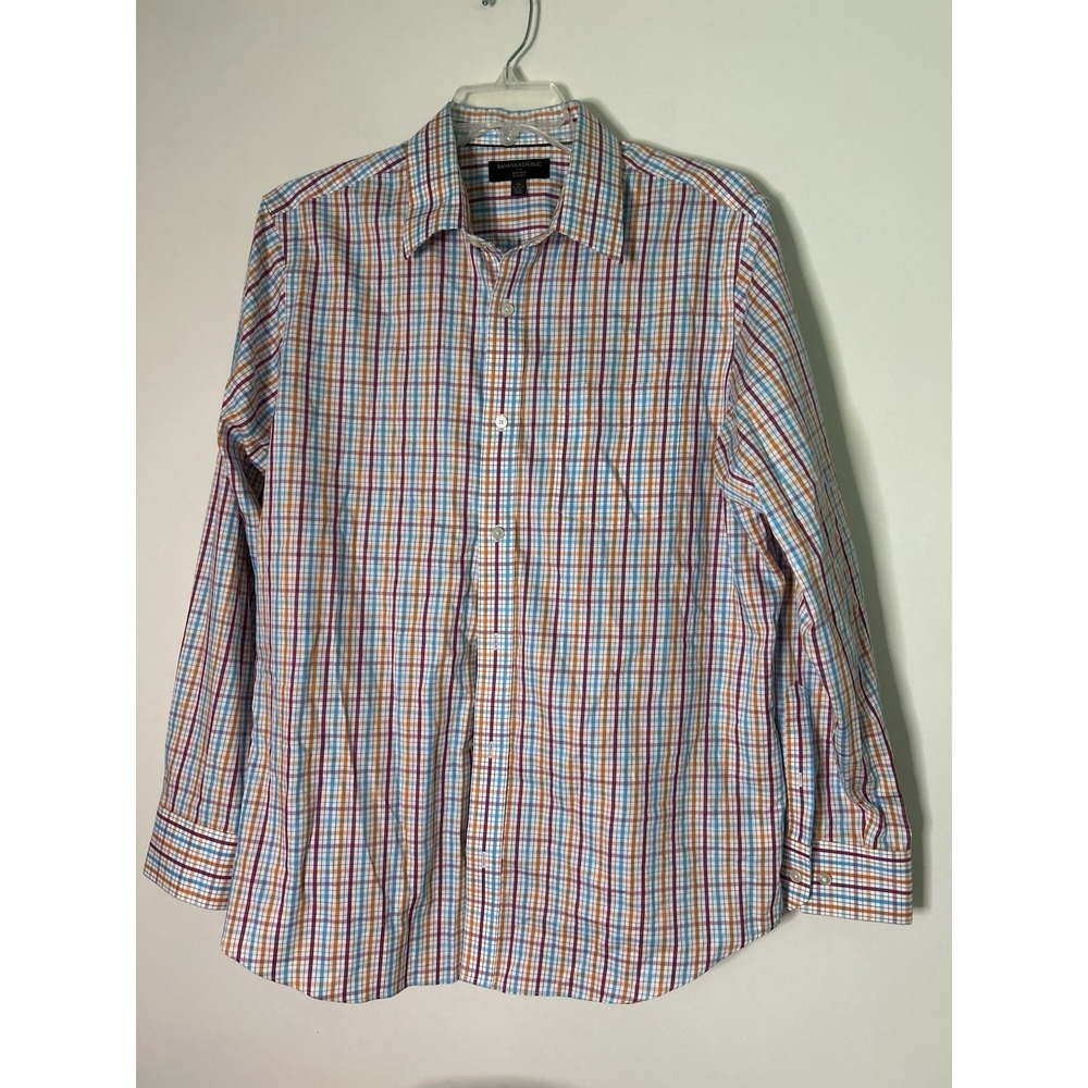 Banana Republic Orange Red Aqua Plaid Long Sleeve Mens Button Down XL